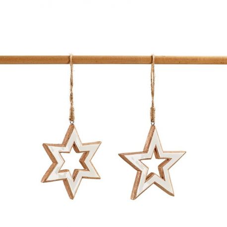 Lot de 4 étoiles en bois à suspendre - 11x10.5 cm - NOEL