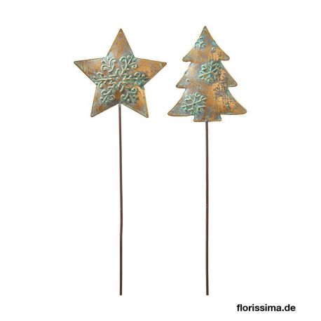 Jocaflor | Set de 6 étoiles/sapins métal rouille sur pic - 9x30cm